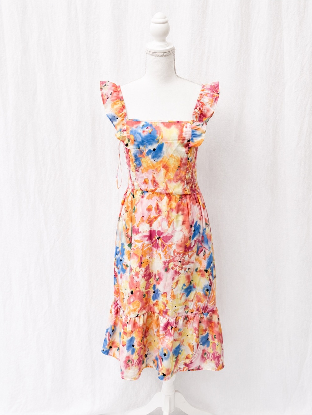 Sienna Sky Floral Watercolor Midi Dress in Pink, Yellow & Blue